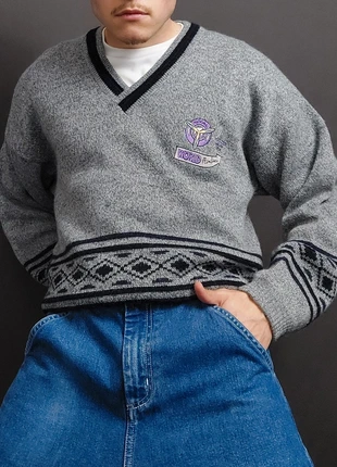 Pull Rare Col V Vintage 80s en Maille Chiné Gris à Motifs Brodés "Avion / Pilote" (M), brand: Vintage Dressing, condition: Very good, size: M, €26.00, €28.00 includes Buyer Protection Pro