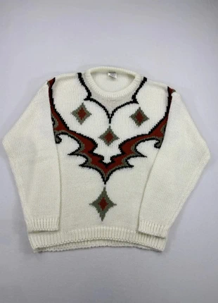 Pull vintage en laine épaisse à motif géométrique rouge et kaki – Taille L, marque: Vintage Dressing, état: Très bon état, taille: L, 39,90 €, 42,60 € Protection acheteurs (Pro) incluse