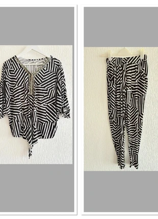 Black White Gold Silky Top & Trousers Co-Ord Set 14, brand: Bought in Chigwell, condition: Very good, size: XL / 14, £19.99, £21.69 includes Buyer Protection