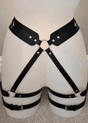 Black Faux Leather Thick Strap Double Leg Garter Waist Harness Belt With Silver Studs & O Rings, condition: New without tags, size: Adjustable, £12.99, £14.34 includes Buyer Protection
