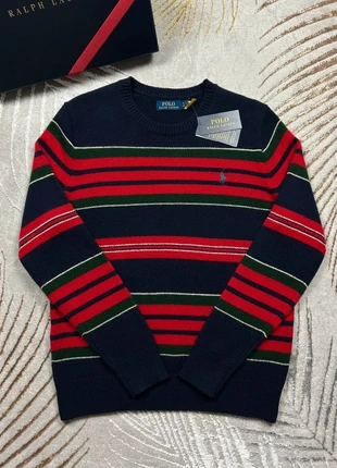 Pull en laine Ralph Lauren style Noël bleu marine à rayures verte et rouge logo brodé bleu argenté, marque: Ralph Lauren, état: Neuf avec étiquette, taille: S, 198,00 €, 208,60 € Protection acheteurs (Pro) incluse