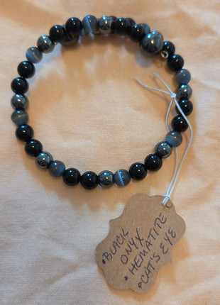 Black Onyx Hematite cat's eye bracelet crystal mineral fossil magnetic jewellery jewelry, estado: Muito bom, €10.00, €11.20 inclui Proteção do Comprador