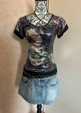 Printed sequin top black, marca: Vintage Dressing, estado: Muito bom, tamanho: XS / 34 / 6, €8.00, €9.10 inclui Proteção do Comprador