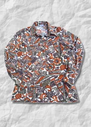 Chemise blanche cintrée vintage 70s psyche rock hippie boho earthy motifs oranges marrons, marque: Top Vintage, état: Très bon état, taille: S, 15,00 €, 16,45 € Protection acheteurs (Pro) incluse