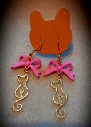 Boucles d'oreilles chaton au petit noeud rose, brand: Fait Main, condition: New with tags, €6.50, €7.53 includes Buyer Protection