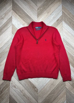 Pull 1/4 zip Ralph Lauren - old money - col camionneur - uni rouge - logo brodé bleu marine, marque: Ralph Lauren, état: Bon état, taille: M, 39,00 €, 41,65 € Protection acheteurs (Pro) incluse