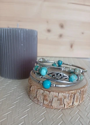 Bracelet Ressort Argenté Motif Fleur Pierres Bleues, condizioni: Ottime, €10.50, €11.73 include la Protezione acquisti Pro