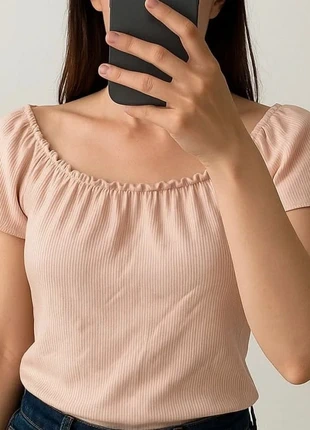 Top rose côtelé à manches courtes col froncé - style bohème chic, condition: Very good, size: XS / 34 / 6, €6.00, €7.00 includes Buyer Protection