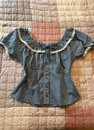 coquette blue & white gingham blouse off the shoulder vichy print checkered, marque: COQUETTE, état: Très bon état, taille: M / 38 / 10, 30,00 €, 32,20 € Protection acheteurs (Pro) incluse