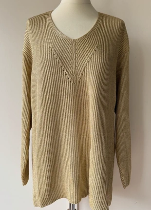 Vintage Laurel metallic knit jumper 40 42 gold ribbed v-neck classic elegant minimal, merk: Laurèl, staat: Heel goed, maat: L / 40 / 12, € 49,00, € 52,15 inclusief Kopersbescherming Pro
