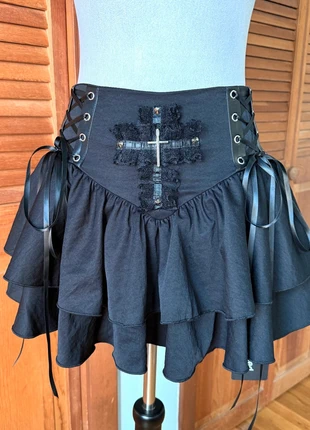 Punk Goth Lolita Harajuku Black Cross Lace-up Sides Ruffle Mini Skirt S, brand: Ooh Need, condition: New with tags, size: Other, $31.20, $33.46 includes Buyer Protection