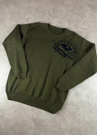 Pull crewneck oversize, knit Y2K en coton kaki, vert à motif oeil noir - 2000's, brand: Aesthetic, condition: Very good, size: L, €35.00, €37.45 includes Buyer Protection Pro