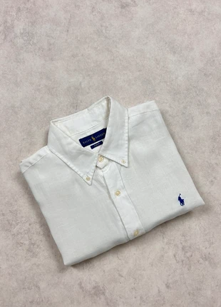 Chemise 100% Lin Ralph Lauren blanche logo brodé bleu marine style Old Money - taille L, brand: Ralph Lauren, condition: Very good, size: L, €83.90, €88.80 includes Buyer Protection Pro