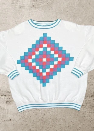 Vintage 90’s Jason Maxwell Geometric Abstract Shape Striped Trim Crewneck Sweatshirt, brand: Jason Maxwell, condition: Good, size: M, £16.00, £17.50 includes Buyer Protection Pro