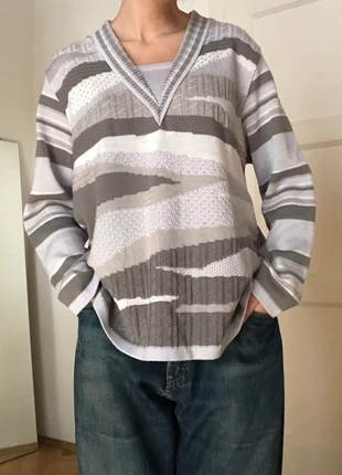 Cool vintage knit sweater longsleeve grey white pattern layered baggy cozy, marke: Vintage Dressing, zustand: Gut, größe: L / 40 / 12, 26,00 €, 27,50 € inklusive Vinted-Käuferschutz