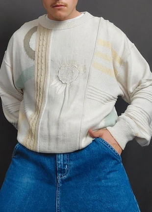 Pull Vintage 80s en Maille Crème Multicolore Motifs Imprimé et Logo / Écusson Brodé Coton / Soie (L), brand: ALBA MODA, condition: Good, size: L, €15.00, €16.45 includes Buyer Protection Pro