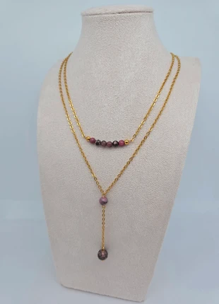 Collier deux rangs en acier inoxydable et pierre rhodonite, merk: Tendance, staat: Heel goed, € 8,00, € 9,10 inclusief Kopersbescherming