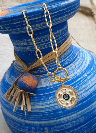 Fait-main : Collier evil eye avec fermoir en T / Acier inox, marca: Audrey Bijoux, estado: Nuevo con etiquetas, 10,00 €, 11,20 € Protección al comprador incluida