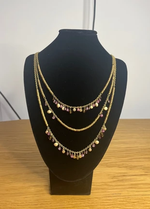 Layered Gold Necklace with Pink & Purple Crystal Charms, condition: Very good, £3.99, £4.89 includes Buyer Protection