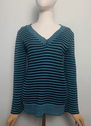 Pull col V noir rayé bleu manches évasées vintage #pulls #vintage, merk: Vintage, staat: Heel goed, maat: M / 38 / 10, € 12,00, € 13,30 inclusief Kopersbescherming Pro