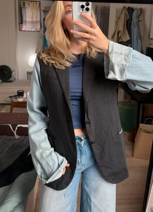 Oversized vintage designer blazer met denim mouwen, marca: Handgemaakt, estado: Muito bom, tamanho: L / 40 / 12, €55.00, €58.45 inclui Proteção do Comprador