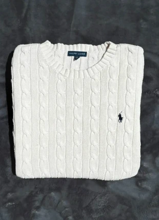 Pull Torsadé Col Rond Ralph Lauren Beige Clair et Logo Bleu en Coton Taille XL-L Femme, merk: Ralph Lauren, staat: Heel goed, maat: L / 40 / 12, € 45,00, € 47,95 inclusief Kopersbescherming
