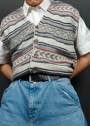 Cardigan / Gilet sans Manches Vintage 80s en Maille Crème Multicolore à Motifs Imprimé 60% Coton (M), brand: Vintage Dressing, condition: Very good, size: M, €20.00, €21.70 includes Buyer Protection Pro