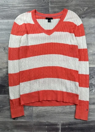Pull col V torsadé rayé Tommy Hilfiger Corail et Blanc taille M, marque: Tommy Hilfiger, état: Très bon état, taille: M / 38 / 10, 22,00 €, 23,80 € Protection acheteurs (Pro) incluse