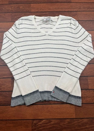 Pull Tommy Hilfiger Jeans vintage Y2K col V rayé crème et bleu marine - Taille L Femme, marca: Tommy Hilfiger, estado: Bom, tamanho: L / 40 / 12, €15.00, €16.45 inclui Proteção do Comprador