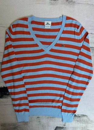 Pull Lacoste col V rayé bleu clair et orange taille S/M femme, brand: Lacoste, condition: Good, size: S / 36 / 8, €21.50, €23.28 includes Buyer Protection