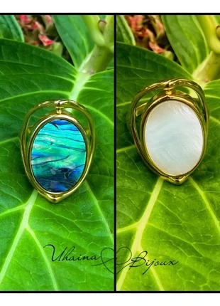 Bague dorée en acier inoxydable et sa nacre de couleur modulable - Uhaina Bijoux, brand: Uhaina Bijoux, condition: New with tags, size: 17.3 mm Ø, €12.00, €13.30 includes Buyer Protection Pro