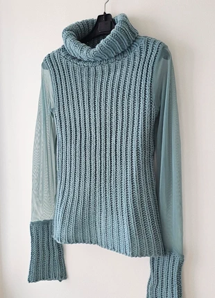 Pull d'hiver col roulé grosse maille tricot bleu La Redoute manches longues voile transparent, merk: La Redoute, staat: Heel goed, maat: S / 36 / 8, € 7,00, € 8,05 inclusief Kopersbescherming