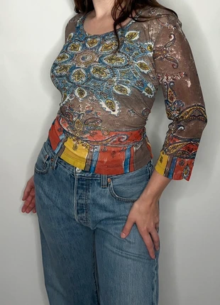 Y2K 2000s mesh sheer mandala bohemian hippie goblin festival tekno whimsigoth witch fairy gipsy top, merk: Vintage, staat: Heel goed, maat: XL / 42 / 14, € 15,00, € 16,45 inclusief Kopersbescherming Pro