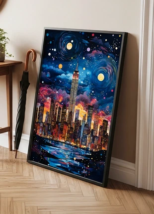 Starlit Skyline, whimsical night city with moons and swirling cosmic clouds, brand: Art, condition: New without tags, £6.00, £7.00 includes Buyer Protection Pro