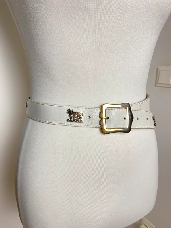 Vintage Weiß Leder Gürtel mit Goldene Schnalle und Metalldekorationen