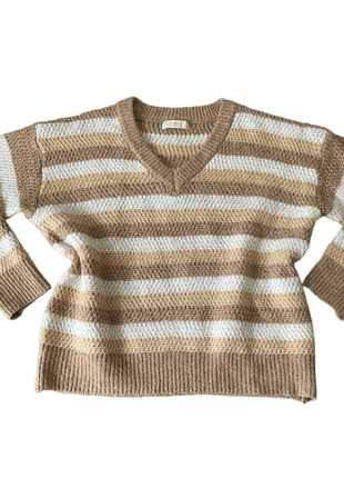 Pull Rayé Blanc Marron, staat: Heel goed, maat: M / 38 / 10, € 8,00, € 9,10 inclusief Kopersbescherming