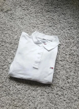 Polo blanc Tommy Jeans Slim Fit S - classique logo brodé col liseré violet, merk: Tommy Hilfiger, staat: Heel goed, maat: S, € 9,99, € 11,19 inclusief Kopersbescherming