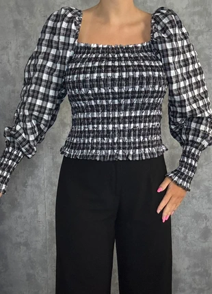 Haut smocké manches longues à carreaux vichy noirs et blancs H&M - Taille M - Avec étiquette, brand: H&M, condizioni: Nuovo con cartellino, taglia: M / IT 42 / EU 38, €12.00, €13.30 include la Protezione acquisti