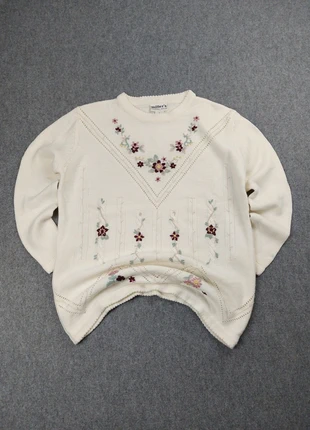 Pull Long Femme Vintage 80s en Maille Crème à Motifs Multicolores Brodés "Fleurs" (L), brand: Miller's, condition: Very good, size: L, €24.00, €25.90 includes Buyer Protection Pro