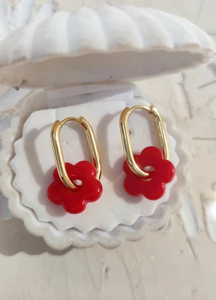 Boucles d'oreilles chic ovales à fleurs rouges en verre - Acier, merk: Fantaisie, staat: Nieuw zonder prijskaartje, € 11,00, € 12,25 inclusief Kopersbescherming Pro