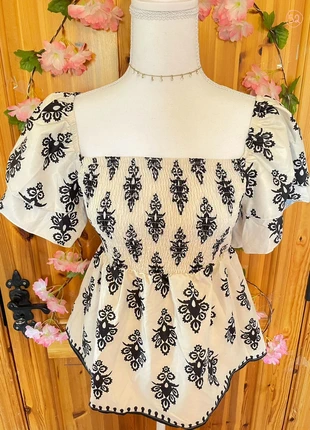 Black & White Puff Sleeve Peplum Top | Smocked Bodice | Boho Folk Style., brand: Cute, condition: Very good, size: L / 40 / 12, €13.50, €14.88 includes Buyer Protection