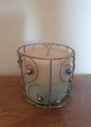 Photophore en fer forgé avec bougie, orné de perles bleues et violettes - Style bohème, état: Bon état, 14,90 €, 16,35 € Protection acheteurs incluse