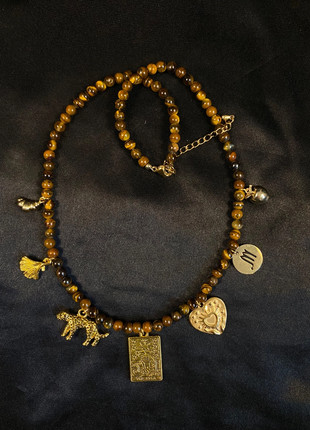 Tiger eye beaded necklace with charms - the star tarot card, Scorpio zodiac sign, heart, leopard, brand: Charm, condition: New without tags, £25.00, £26.95 includes Buyer Protection