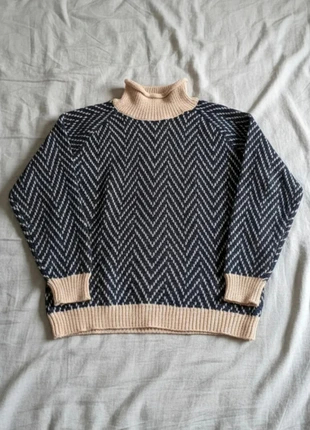 Pull Col Montant Bleu Marine à Motif Chevron Beige Style Vintage Automne Hiver Doux, brand: Vintage Dressing, condition: Very good, size: M / 38 / 10, €46.99, €50.04 includes Buyer Protection