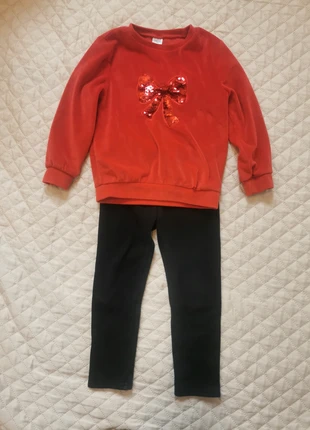🎀 Red Sequin Bow velour jumper & Black Leggings Set – Age 4–5 Years, brand: Pep&Co, condition: Very good, size: 4 years / 104 cm, €3.99, €4.89 includes Buyer Protection