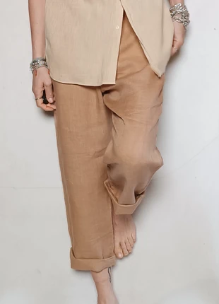Pantalone vintage donna in puro lino marrone chiaro con elastico in vita, marque: Vintage Dressing, état: Neuf sans étiquette, taille: S / 36 / 8, 35,00 €, 37,45 € Protection acheteurs incluse