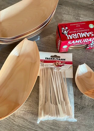 Set presentation Assiettes et brochettes bois bambou, marque: Original, état: Neuf sans étiquette, 7,50 €, 8,58 € Protection acheteurs incluse