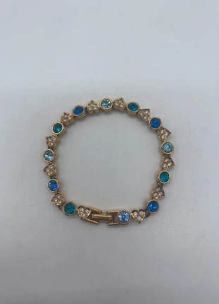 B23 Bracelet Swarovski Vintage Plaqué Or et Cristaux Bleus, merk: Swarovski, staat: Goed, € 15,66, € 17,14 inclusief Kopersbescherming Pro