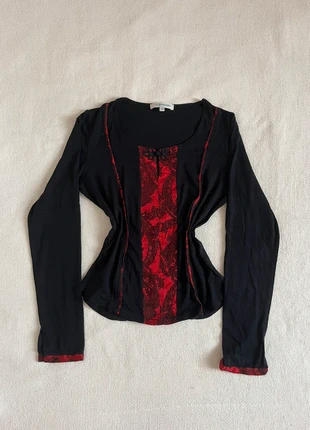 Top noir et rouge style asiatique - empiècement satin et bouton - y2k gothique, brand: Vintage Dressing, condition: Very good, size: M / 38 / 10, €13.00, €14.35 includes Buyer Protection Pro