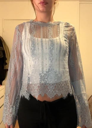 Haut dentelle bleu transparent, marque: H&M, état: Neuf sans étiquette, taille: XS / 34 / 6, 7,50 €, 8,58 € Protection acheteurs incluse